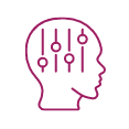 A circular icon shows a side profile of a head with several equalizer sliders inside, representing a soundboard. The icon is outlined in pink.