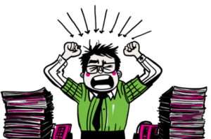 A cartoon illustration of a frustrated office worker with glasses and a green shirt, shouting and pulling at their hair while sitting at a desk between two massive stacks of paperwork, with several black arrows pointing down toward their head.