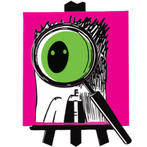 Large green eye with black pupil mounted on a pink square, held by a white-gloved hand on an easel, examined through a magnifying glass.
