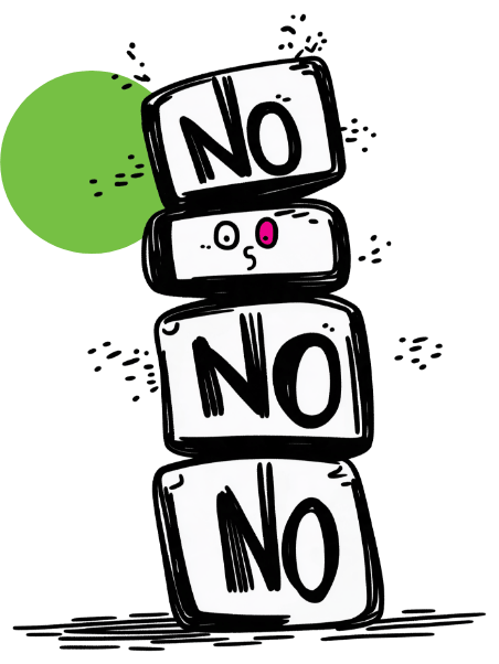 Black and white pen-and-ink illustration of stacked blocks reading "No" three times with a small smiling face on one block, set against a green circle background